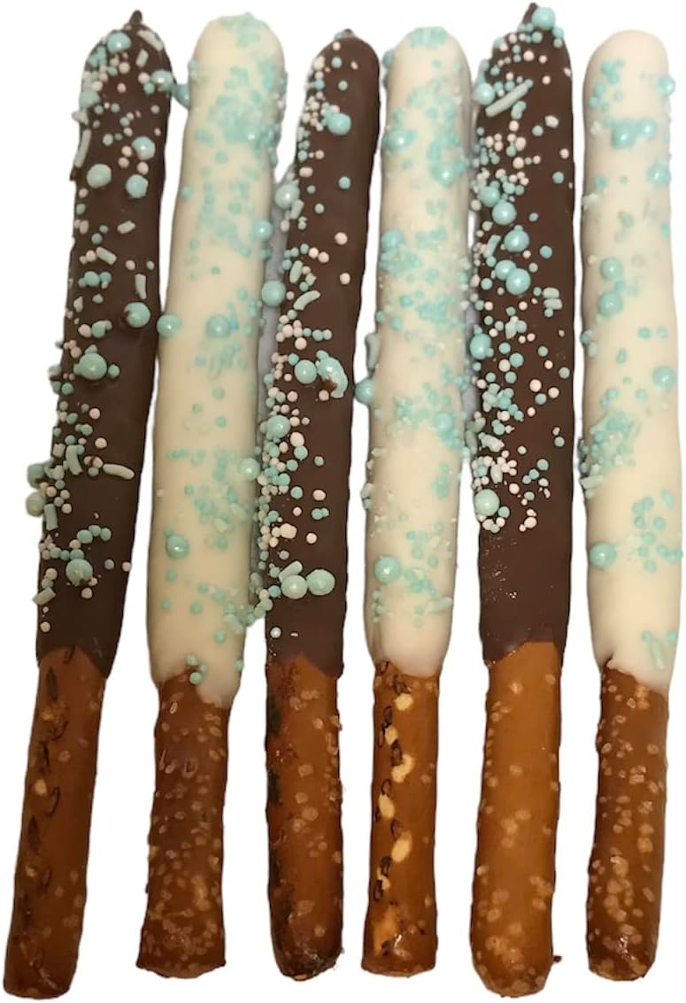 Artisanal baby blue chocolate pretzel rods with sprinkles and pearls