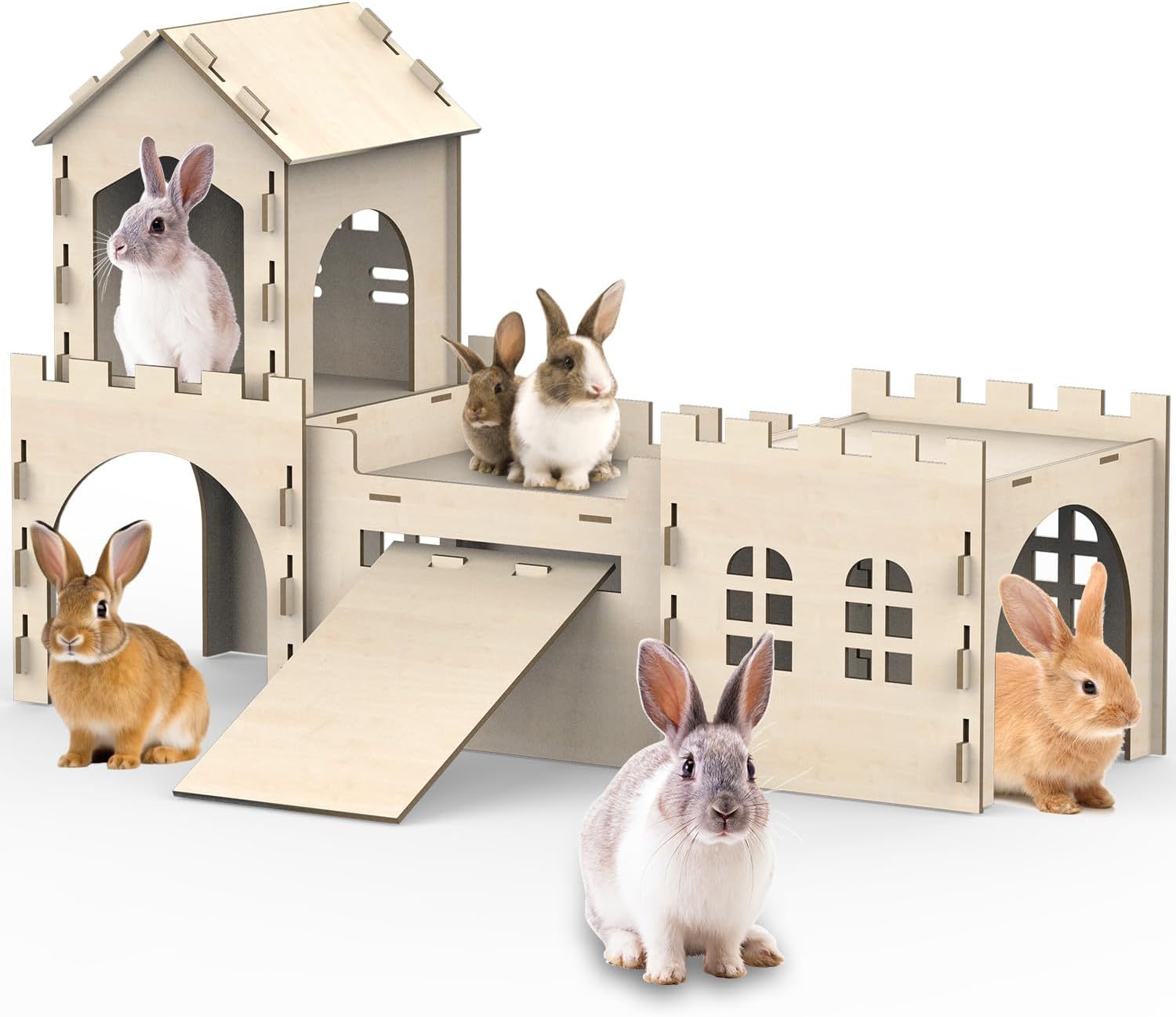 Large Bunny Castle for Rabbits, Wooden Dual-Layer Rabbit House with Stair, Rubber Band-Free Setup - Chew-Proof, Sturdy Habitat for Guinea Pig Chinchilla Ferret (Rabbit House) - Image 1
