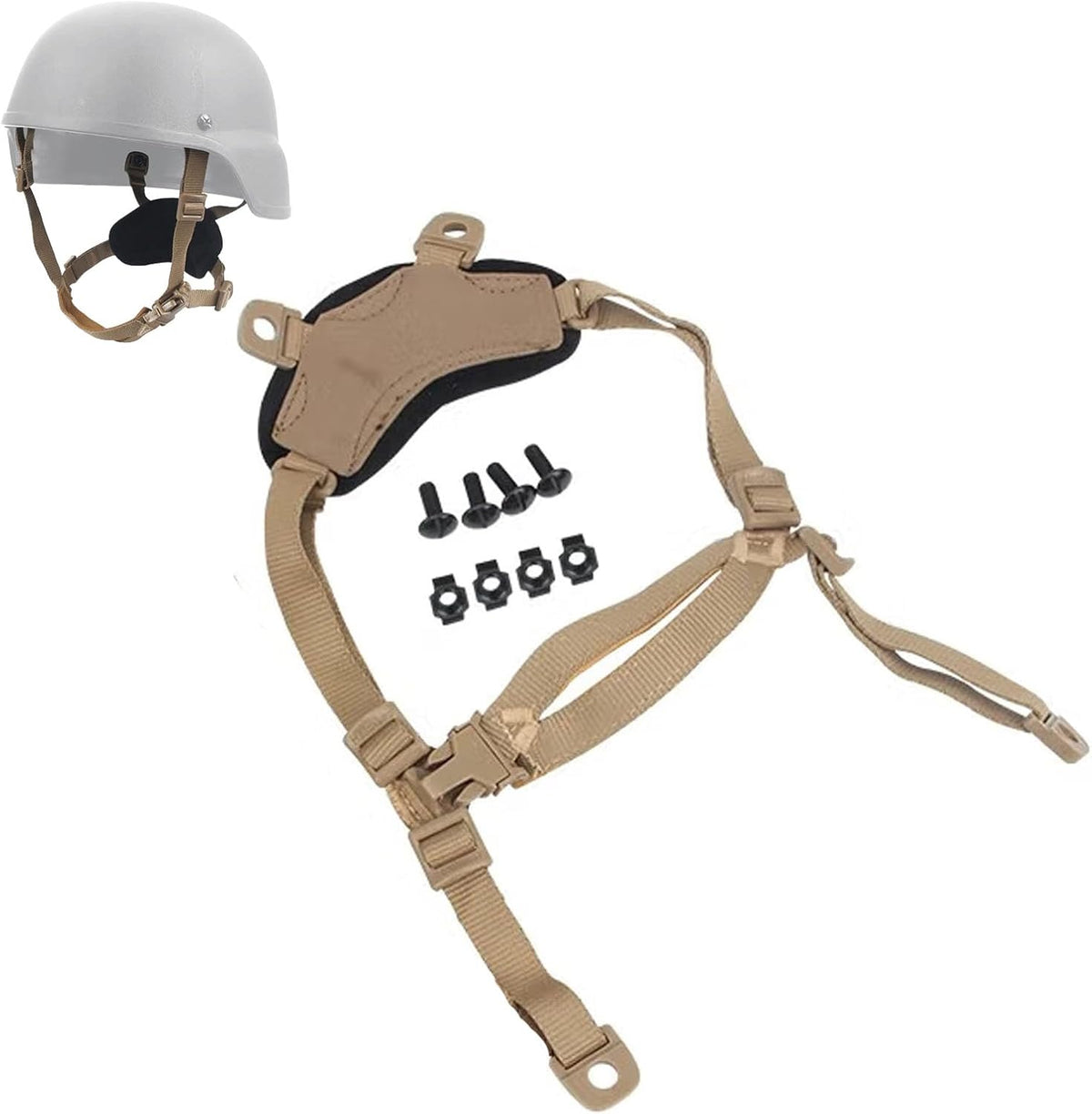 ATAIRSOFT tactical helmet chin strap front view featuring tan nylon webbing and hardware.