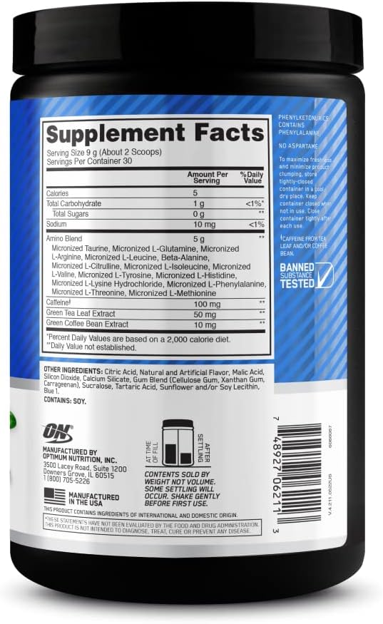 Back label view displaying the micronized BCAA and essential amino acid profile ingredients.