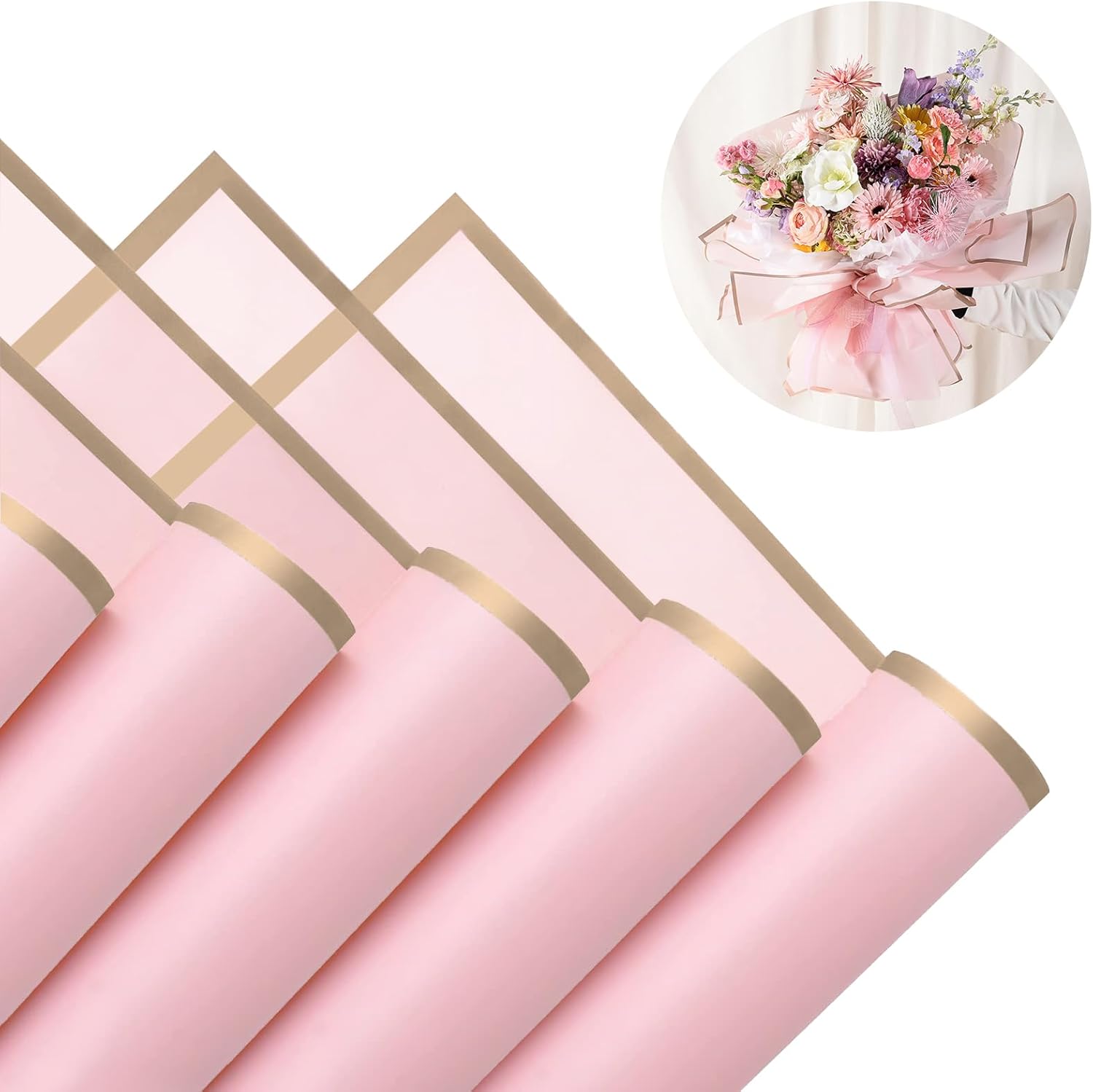 Gloreyan Gold Edge Flower Wrapping Paper Pink front view showing glossy golden border sheets.