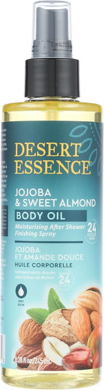 Desert Essence jojoba and sweet almond body oil spray front view