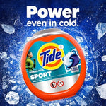 Child safety lid feature on Tide Power Pods Sport plastic container