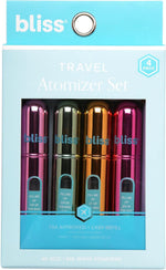 Bliss travel perfume atomizer set front view showing four green metallic bottles.