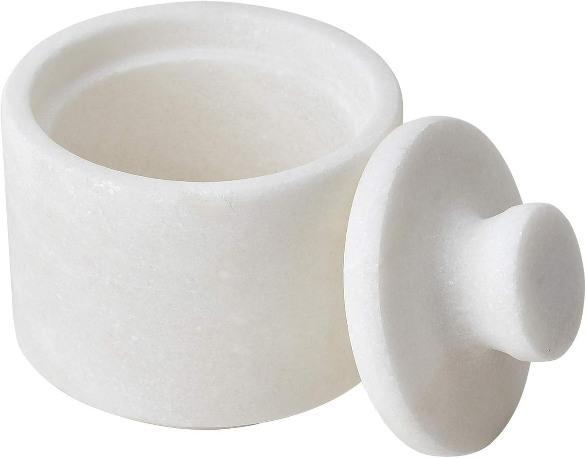 Rissetree white marble salt keeper with lid angled view