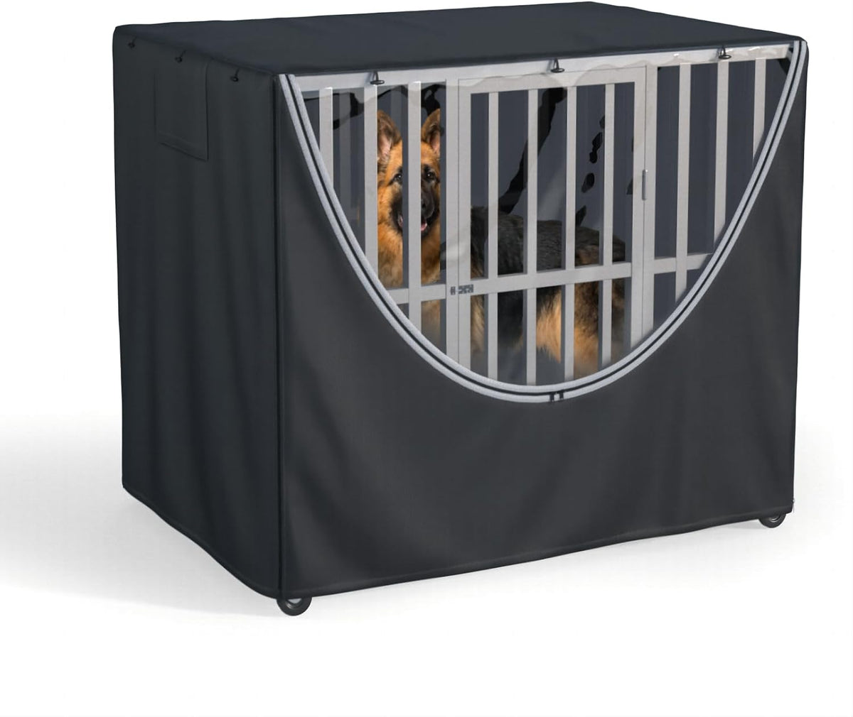 MDHAO heavy duty black winter dog kennel cover close up view of premium zippers