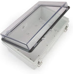 EKM Metering watertight enclosure front view showing clear lid and grey base.
