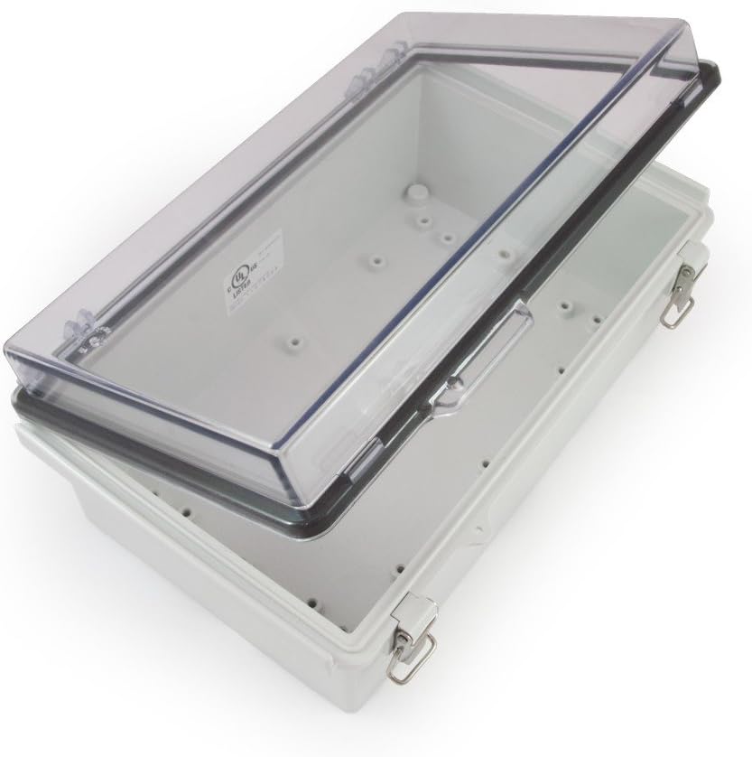 EKM Metering watertight enclosure front view showing clear lid and grey base.