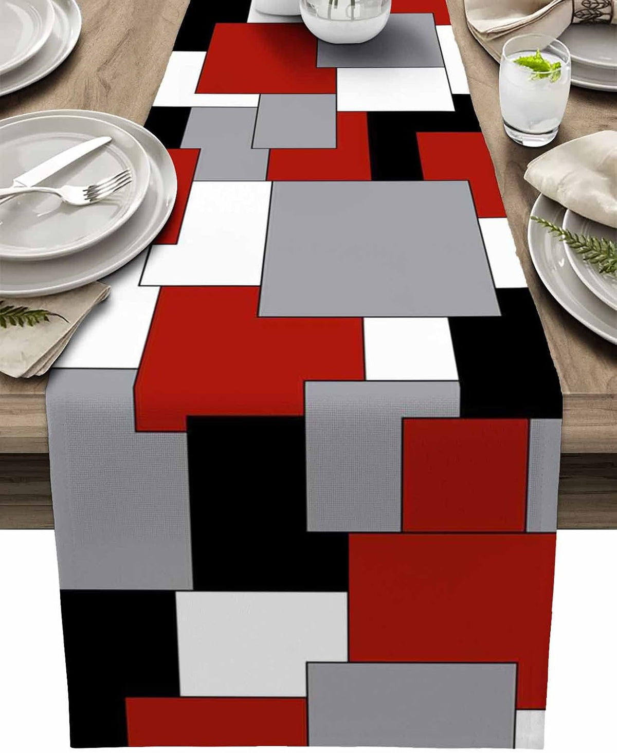 Artwork irregular geo cotton linen table runner front view