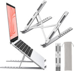 Sopholid aluminum laptop stand front view displaying the ergonomic silver metallic frame setup on an office desk.