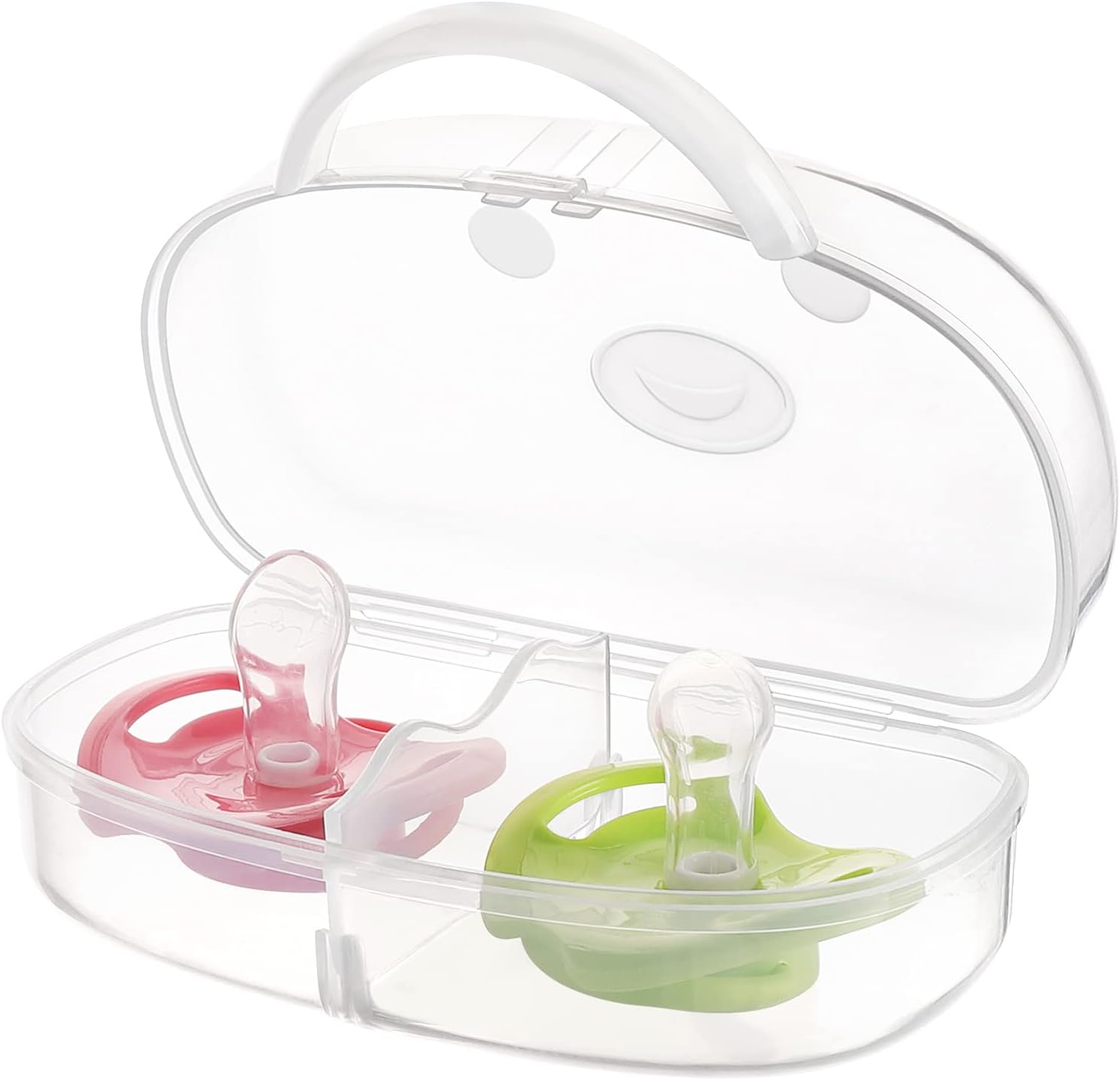 Accmor transparent pacifier case front view showing dual storage capacity