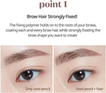 ETUDE eyebrow shaping gel formula swatch in sheer brown color on light skin.
