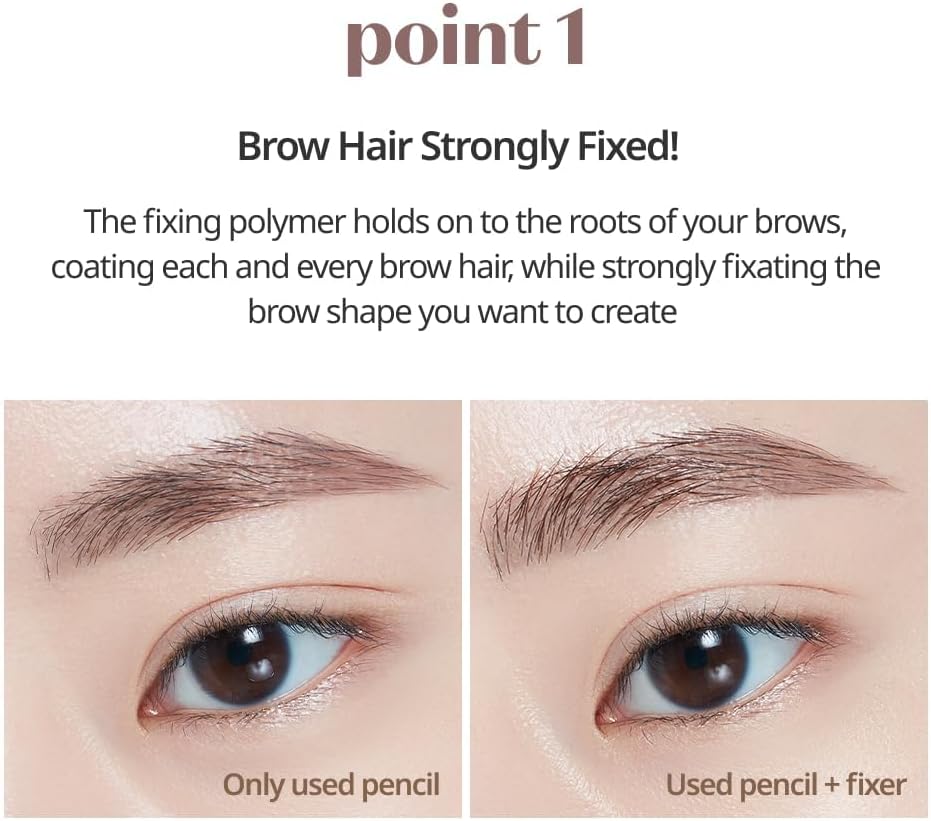 ETUDE eyebrow shaping gel formula swatch in sheer brown color on light skin.