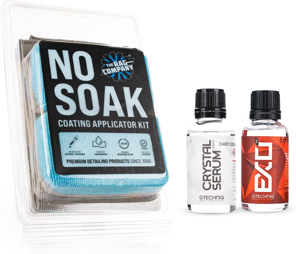 The Rag Company Gtechniq CSL and EXO ceramic coating kit front view showcasing two bottles and applicators