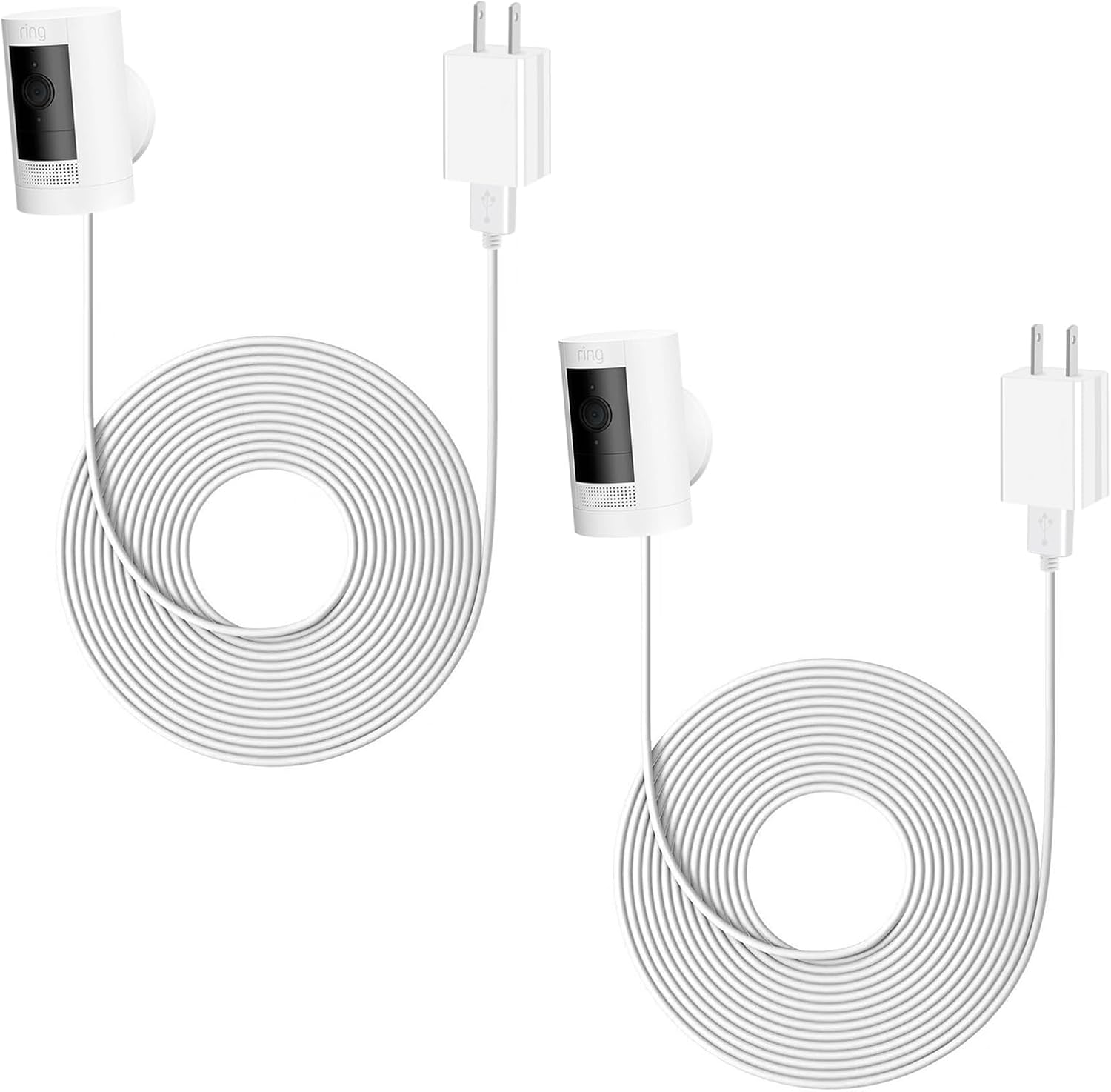 Kakajuelo Ring camera waterproof power cord front view showcasing the two pack adapters and white charging cables.