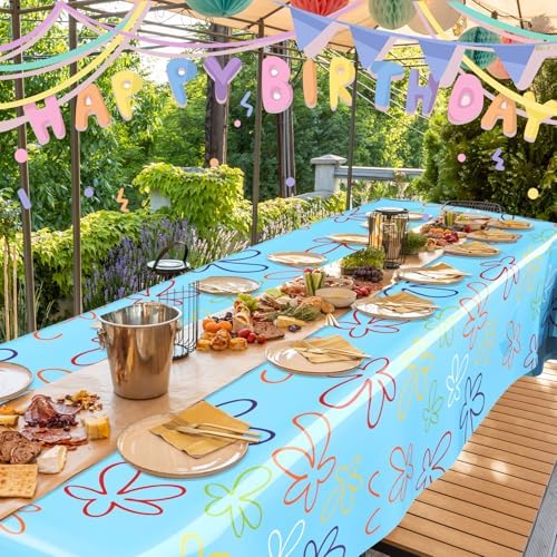 Oudain 2 Sheets Sponge Birthday Party Supplies Blue Ocean Flower Tablecloth 54 x 108 Inch Plastic Table Covers for Birthday Party Decorations - Image 6