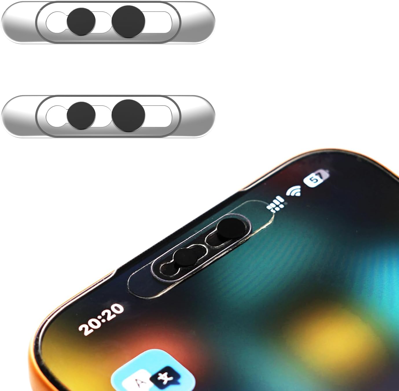 EYSOFT Front Camera Privacy Cover installed on a smartphone screen showing the black sliding panel.
