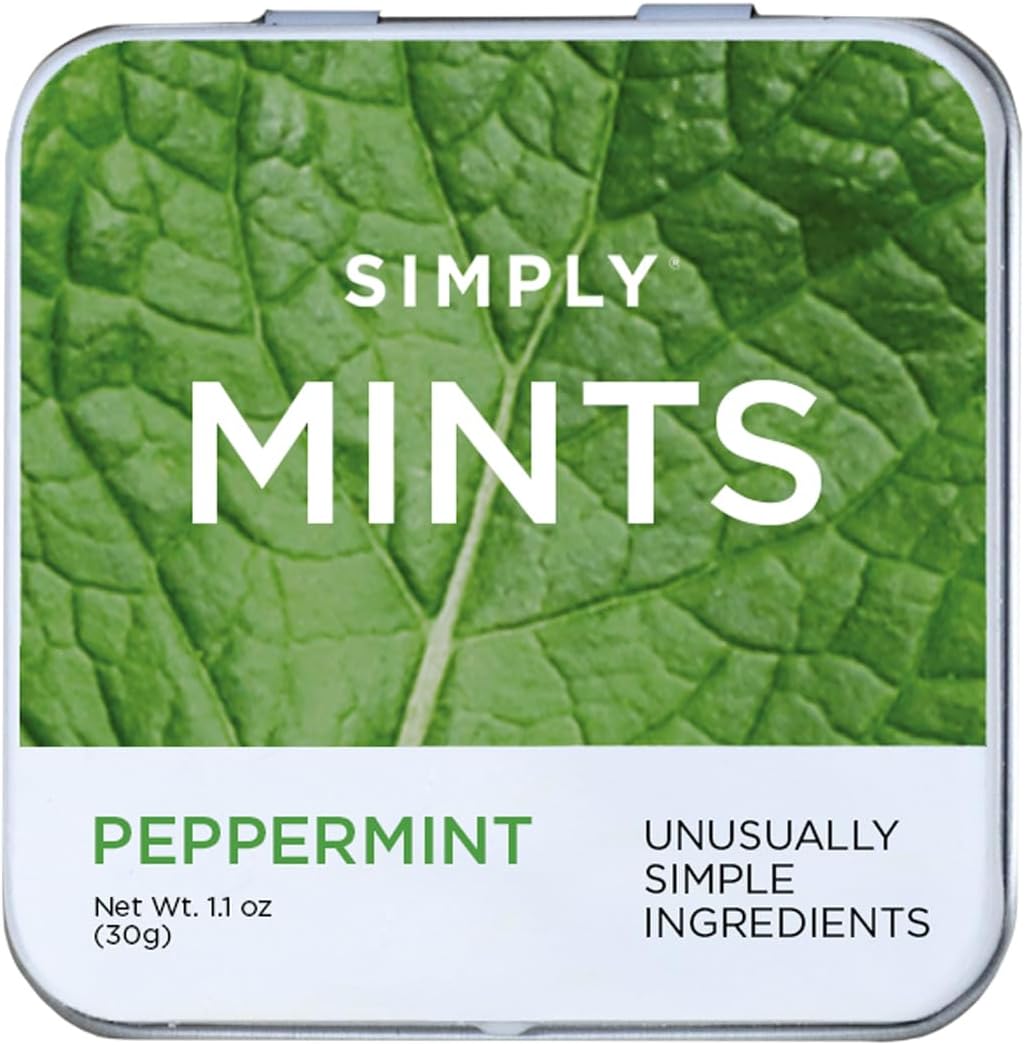 Simply Gum natural peppermint breath mints front view of premium reusable metal tin