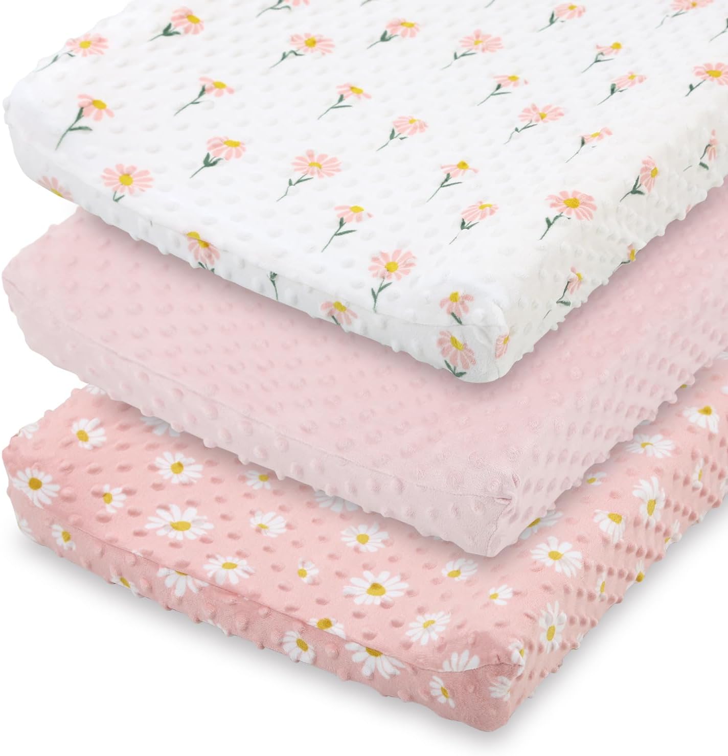 The Peanutshell 3 pack minky baby changing pad covers in pink floral daisy print