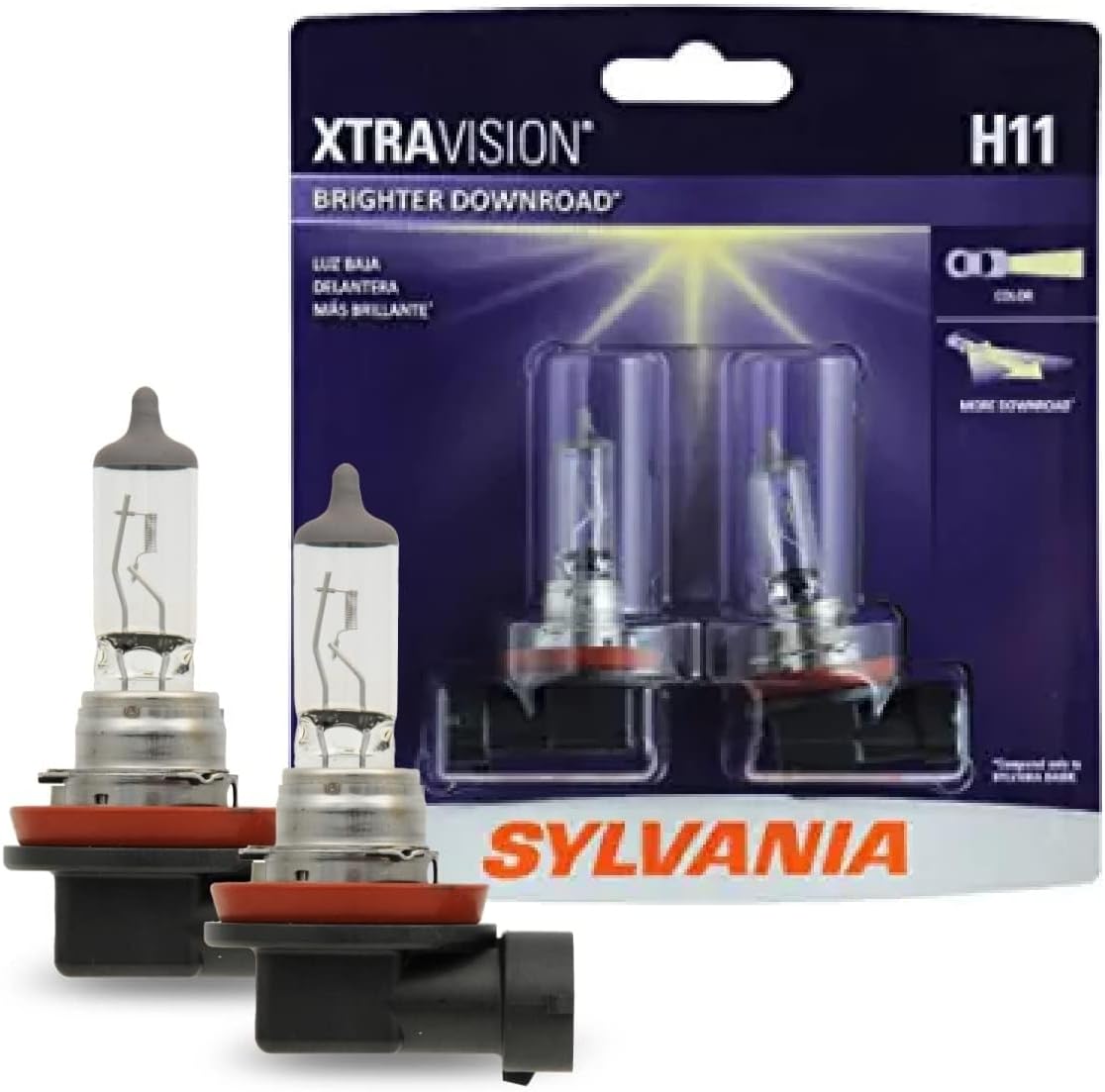 Sylvania H11 XtraVision halogen headlight bulb two pack front view showcasing retail packaging for automotive upgrade