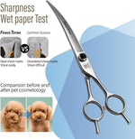 Fenice Totem Japanese 9CR stainless steel dog scissors overhead shot on clean background.