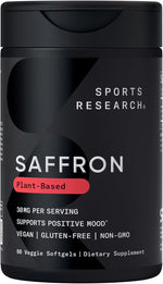 Sports Research Pure Saffron Supplement thirty milligrams premium softgels for natural mood elevation and stress relief.