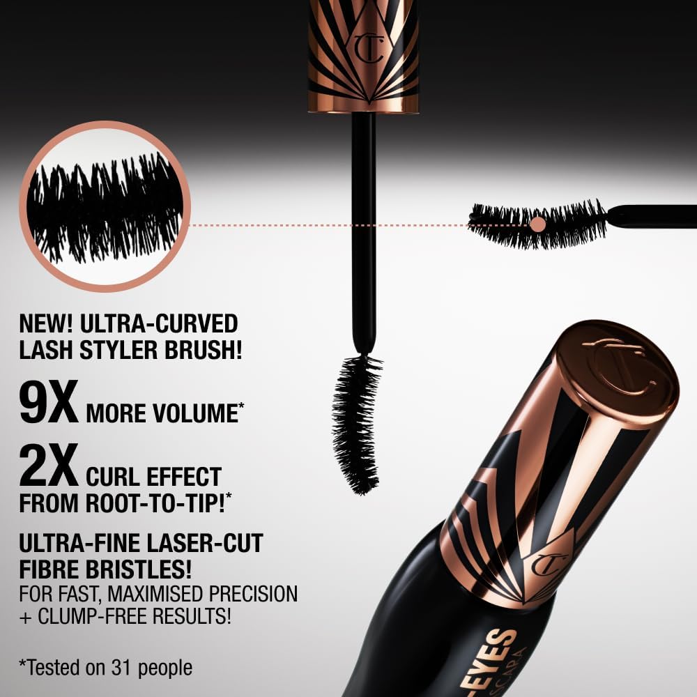 Charlotte Tilbury Exagger Eyes Mascara in Exagger Black showing lash volumizing results