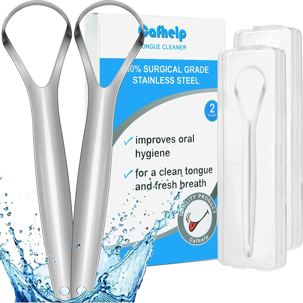 Cafhelp two pack tongue scraper front view showing premium surgical steel construction for bad breath control