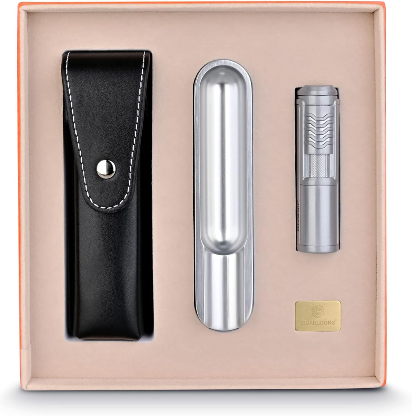 CIGARLOONG ashtray and lighter gift set silver front view premium cigar accessories