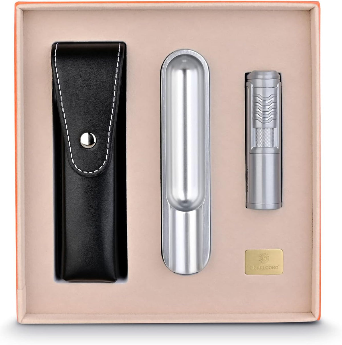 CIGARLOONG ashtray and lighter gift set silver front view premium cigar accessories