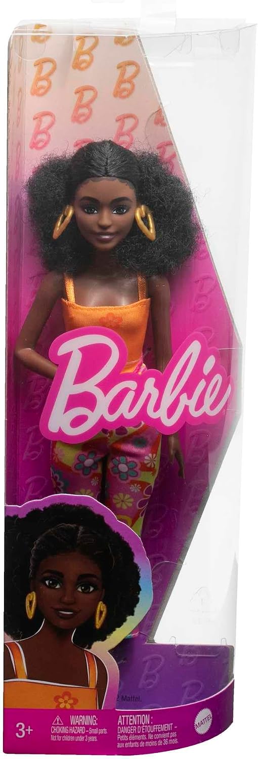 Barbie Fashionistas Doll #198, Petite with Curly Black Hair, Retro Floral Clothes & Accessories Including Platform Sandals & Earrings - Image 6