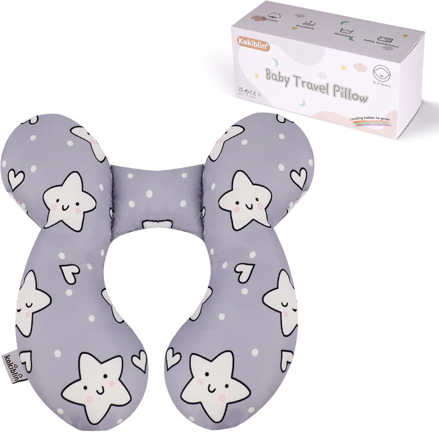 KAKIBLIN baby travel pillow front view showing the cute star pattern design.