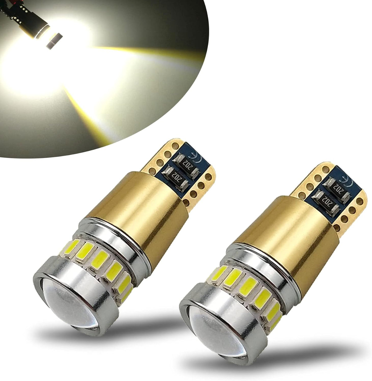 KISLED iBrightstar T10 LED bulbs front view showing premium gold body and projector lens