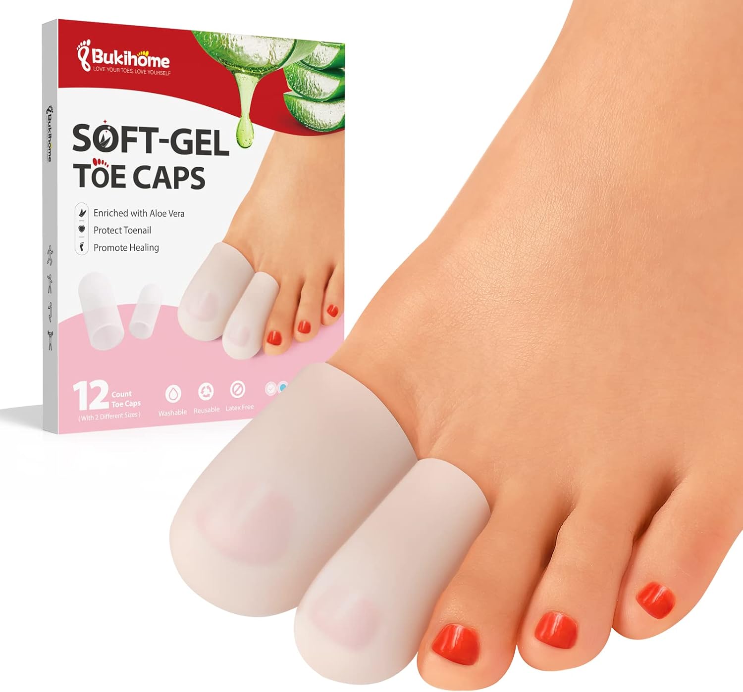 Bukihome Silicone Toe Protectors - 12 Pack Gel Toe Sleeves Toe Protectors - Toe Caps with Aloe Vera Essential Oils - Toe Cushions for Pain Relief, Toe Protection for Corns, Calluses (8L + 4S) - Image 1