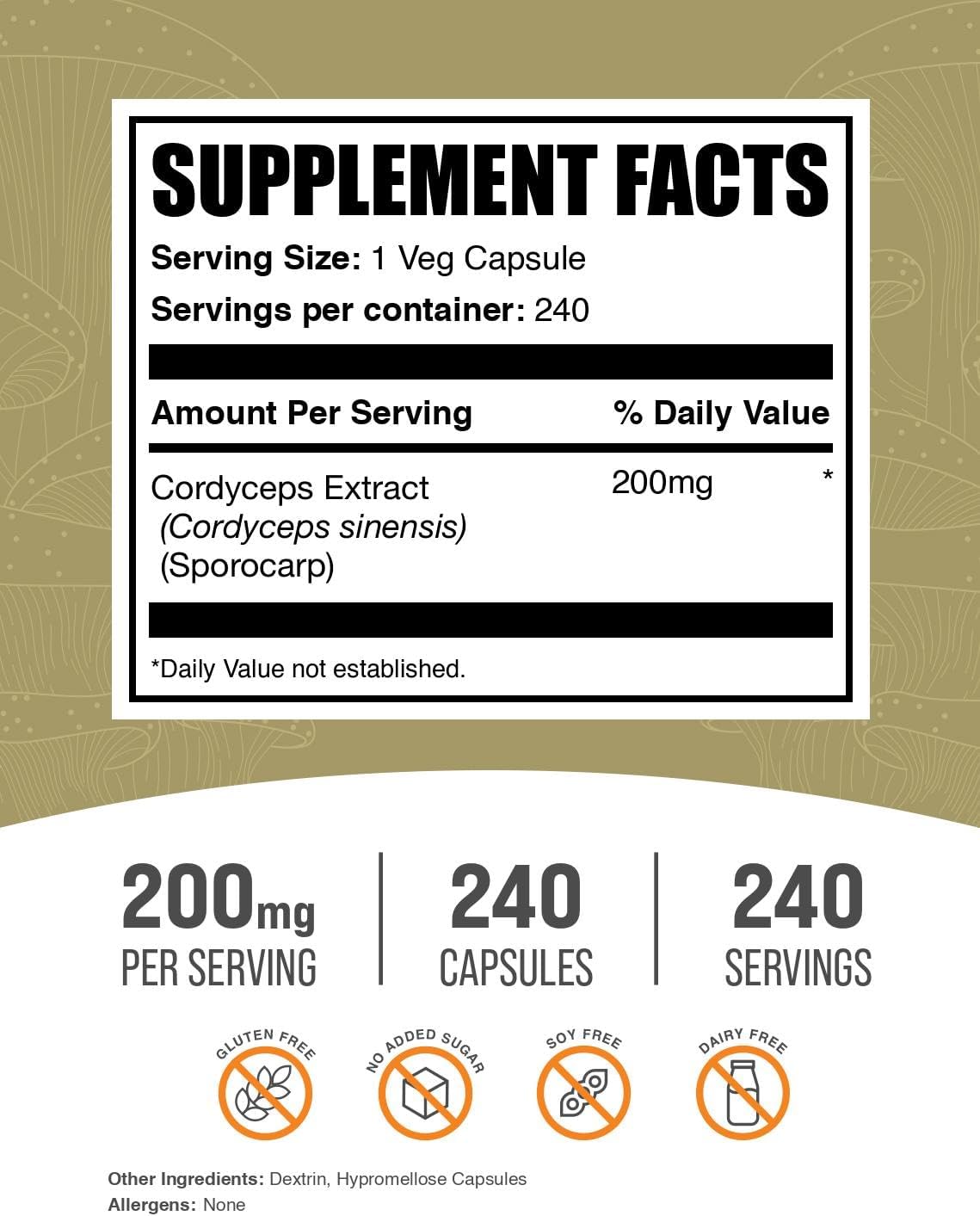 BulkSupplements Cordyceps vegetarian capsules supplement facts label