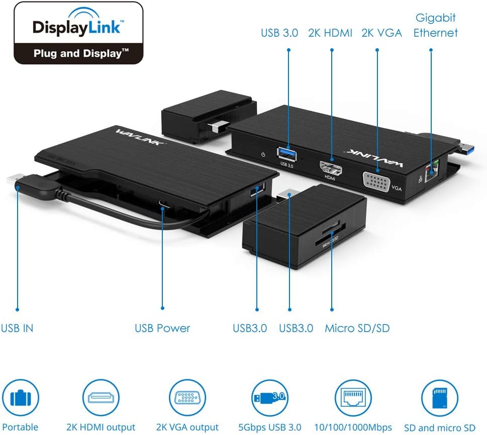 Wavlink travel mini dock connected with usb cable and card reader slots