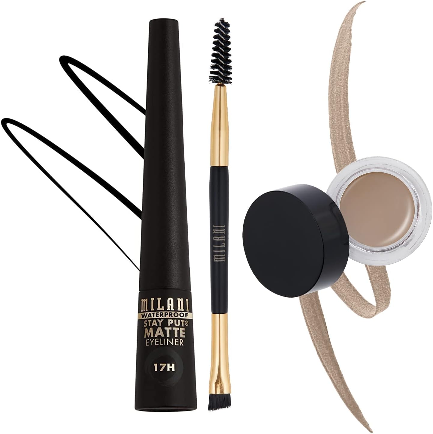 Milani Stay Put Brow Color in Natural Taupe and Matte Liquid Eyeliner set packaging front view.