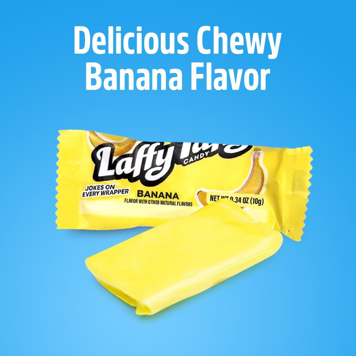 Back view of Sweetside Candy Co. banana taffy showing printed jokes on wrapper