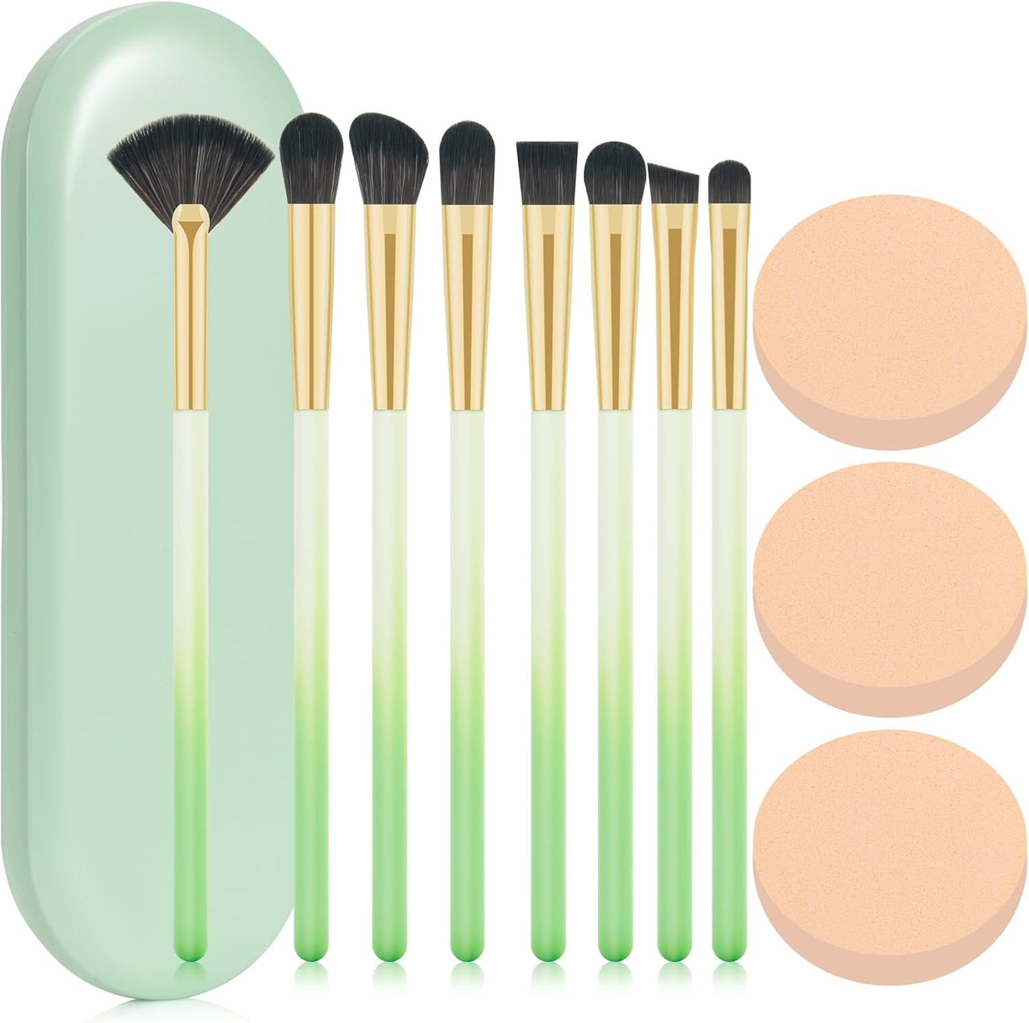 Toysical eye makeup brush set front view showing eight green synthetic brushes and three powder puffs inside the case.