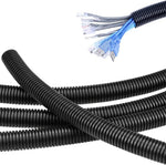 Sanember split wire loom tubing front view showing black corrugated design for cable management.