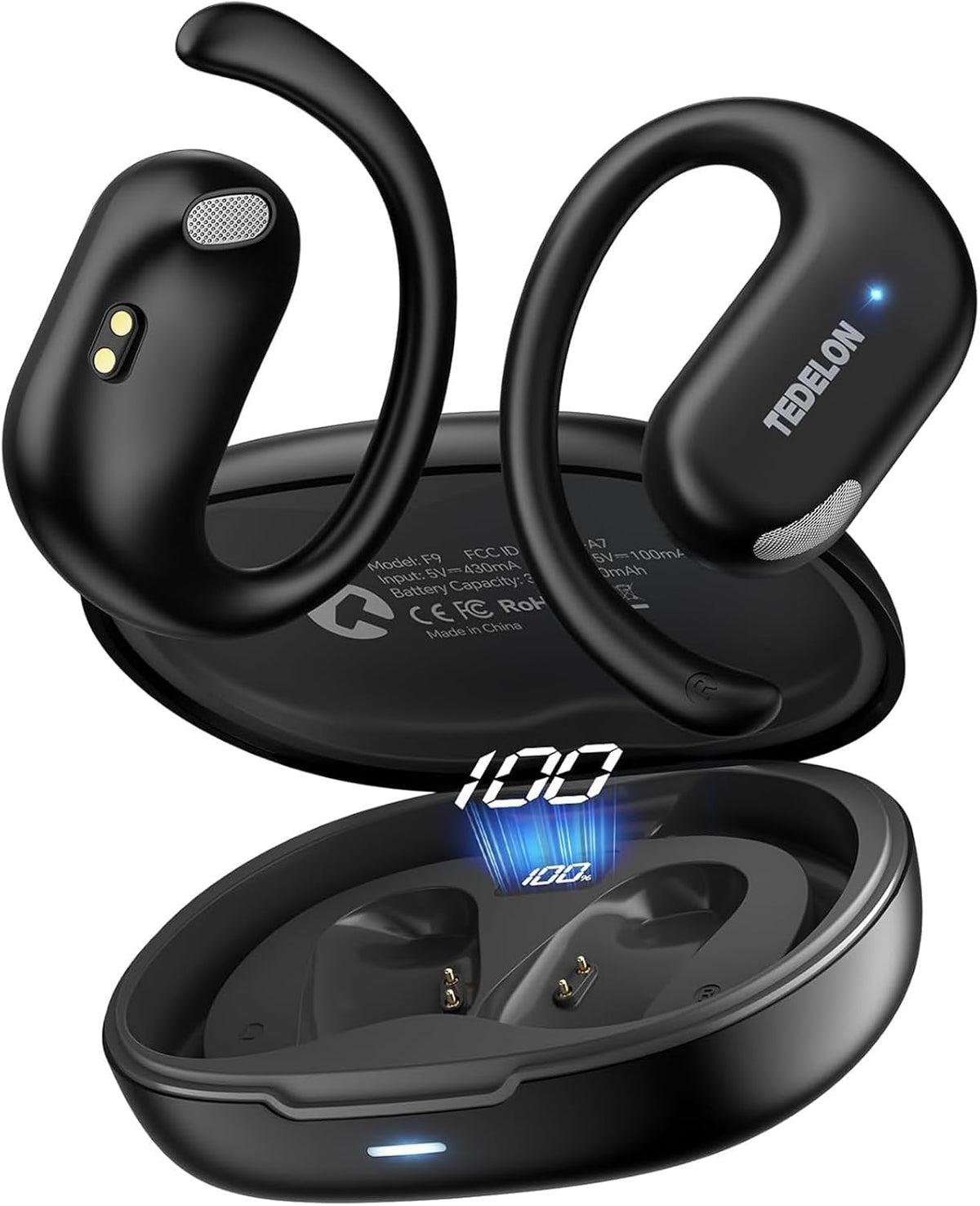 Tedelon open ear headphones front view showing charging case and earbuds
