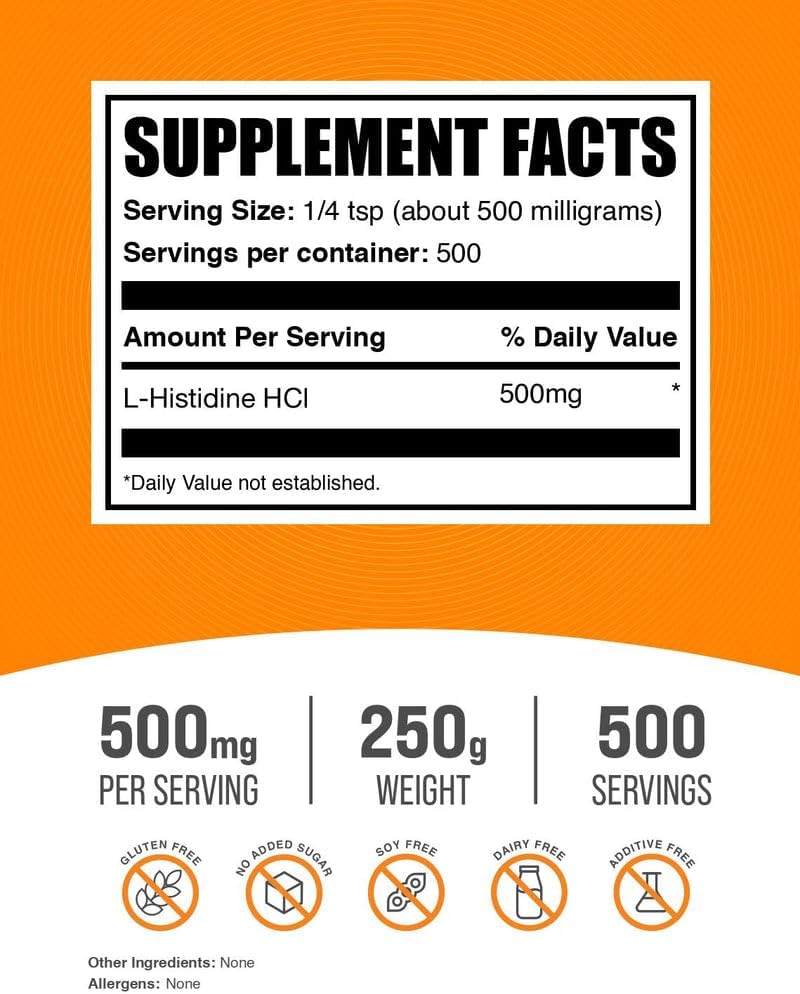 Close up of BulkSupplements L-Histidine powder label details