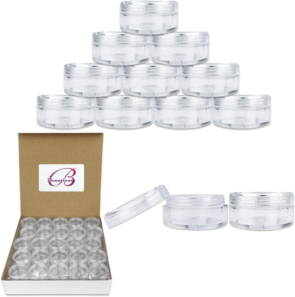 Pana 50 piece set of 5 gram empty clear acrylic cosmetic jars front view