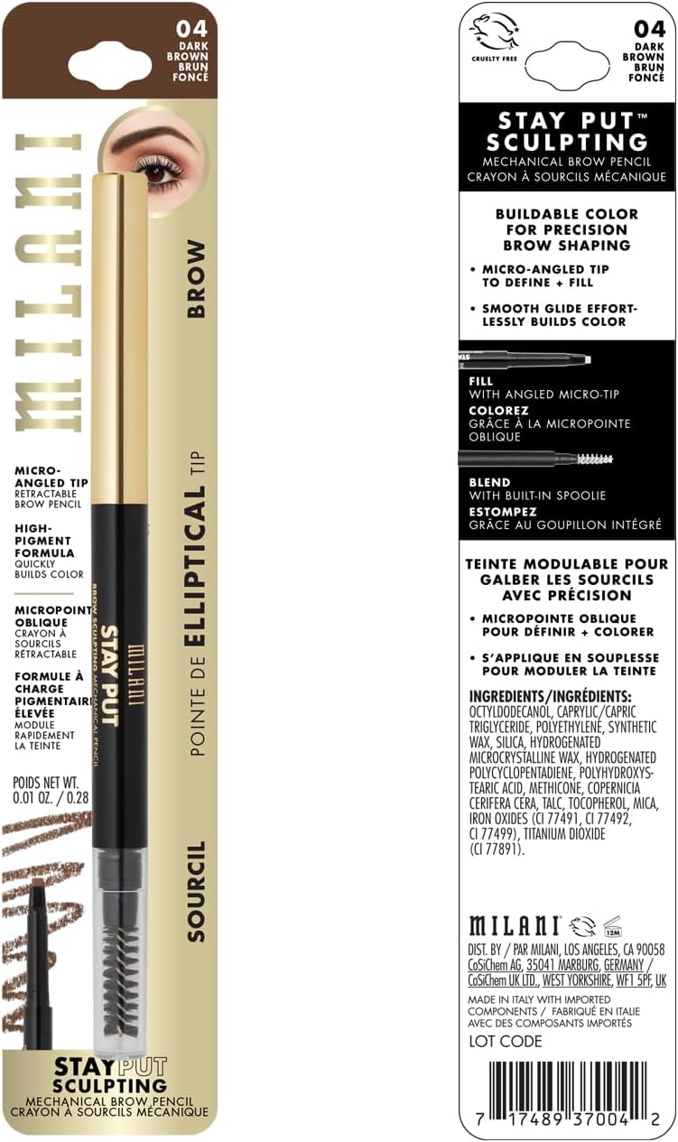 Micro-angled tip of the long-lasting Milani eyebrow pencil for precise hair-like strokes.