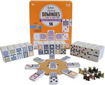 Regal Games Mexican train dominoes set front view in metal storage tin