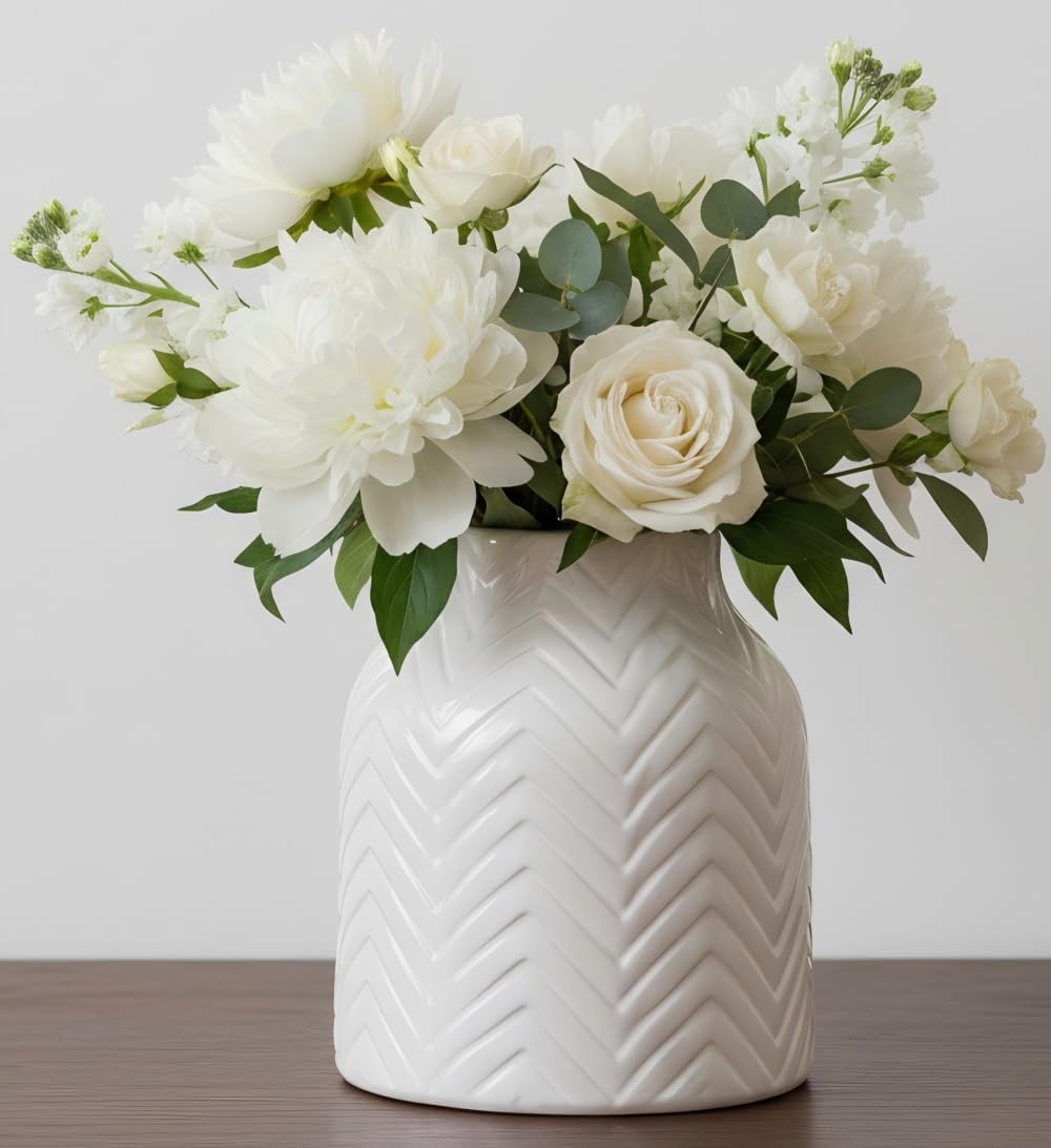 hjn White Vase for Flowers Ceramic Vase for Decor, Modern Decorative Tall Vases for Your Kitchen/Office/Living Room/Bookshelf/Mantel - White Texture(Medium) - Image 10