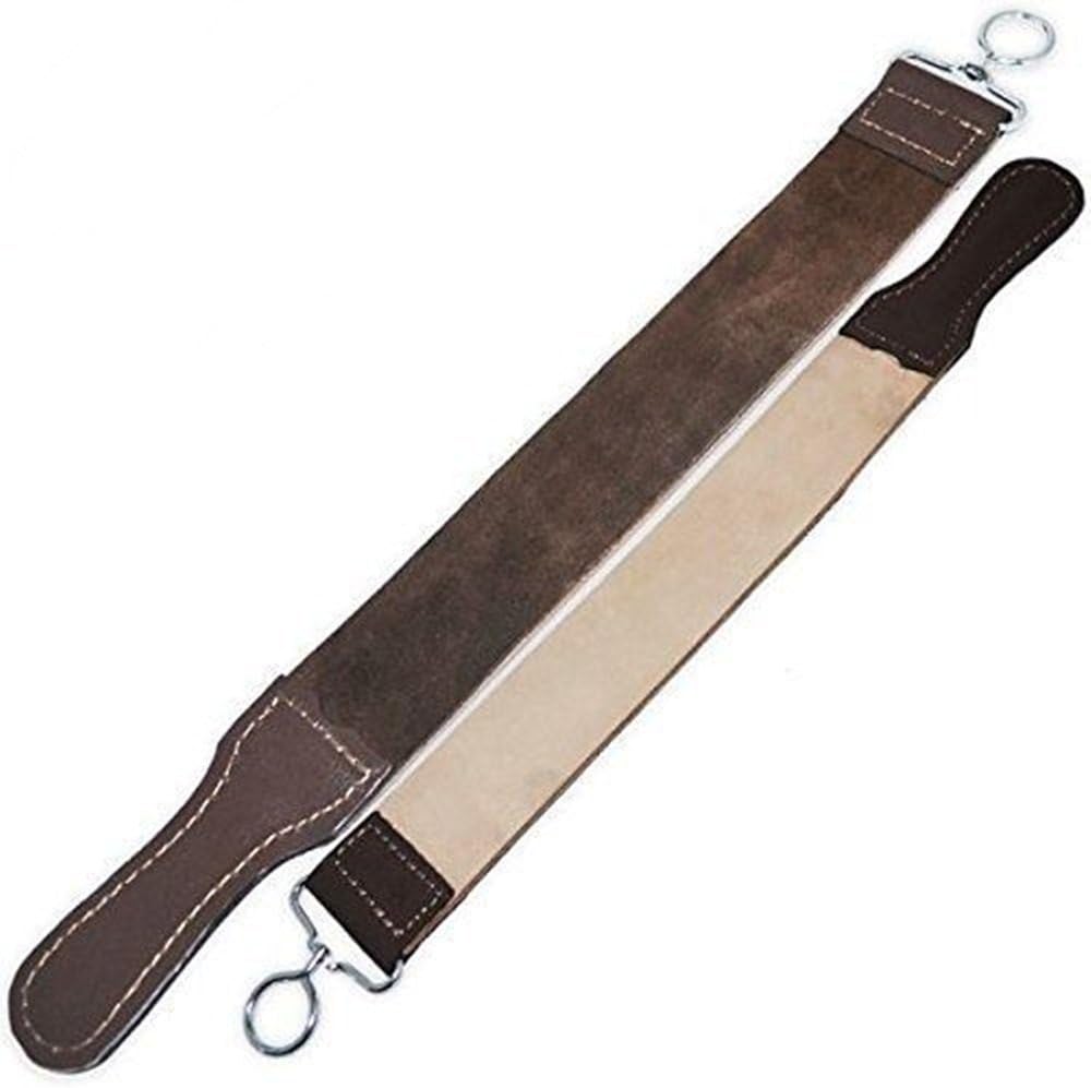 Red Deer straight razor strop leather sharpening strap front view with metal swivel hook