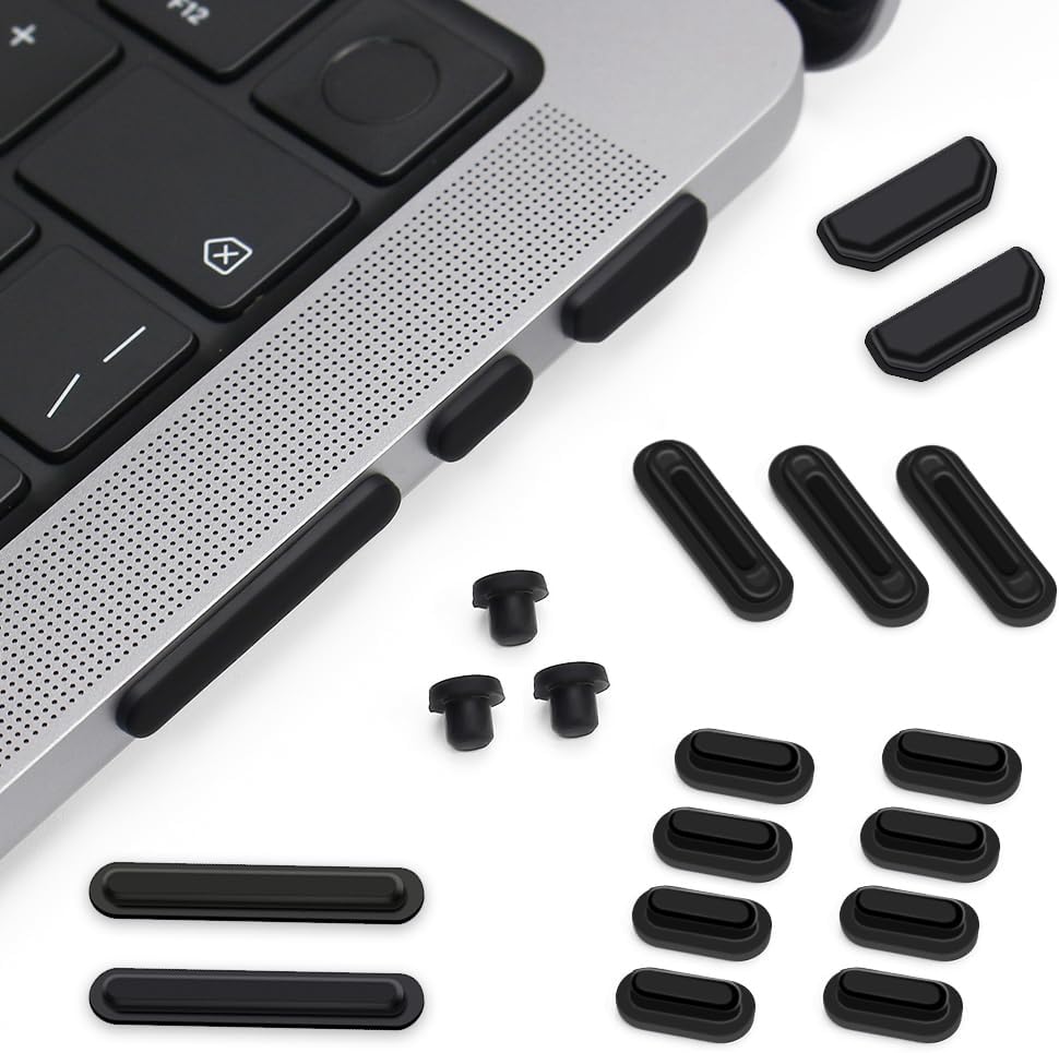 ProElife MacBook Pro silicone dust plug set front view showing twenty one pieces of black protective covers