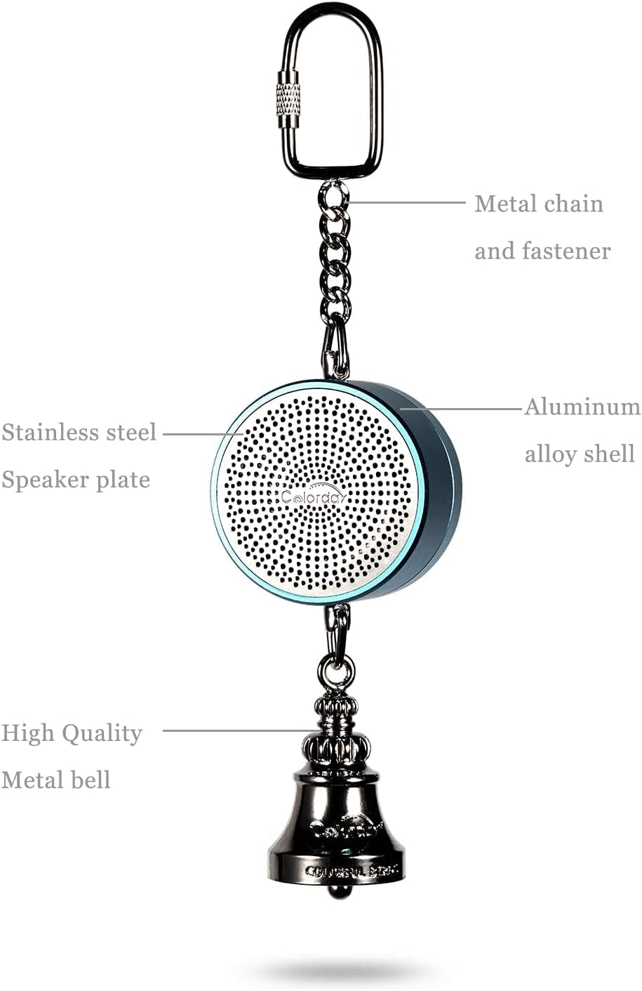 Colorday interactive bird toy showing the blue chew proof metal shell
