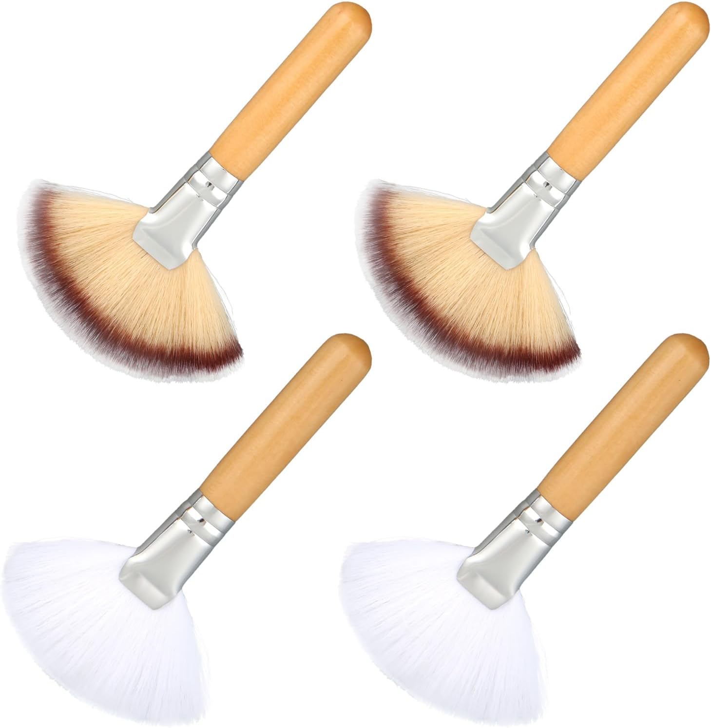 Lasuroa 4 piece facial fan brush set front view showing soft white and brown synthetic bristles with short wooden handles